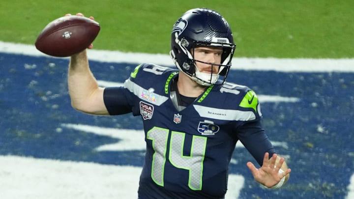 Feb 8, 2026; Santa Clara, CA, USA; Seattle Seahawks quarterback Sam Darnold (14) throws a pass against the New England Patriots in the second half in Super Bowl LX at Levi's Stadium