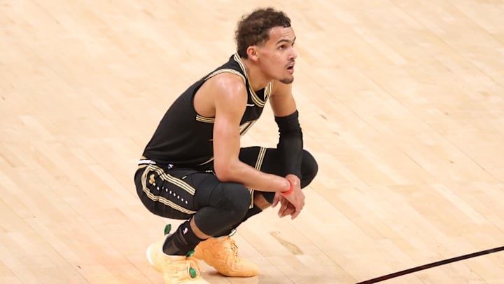 Atlanta Hawks guard Trae Young reacts in the closing minutes of their loss to the Milwaukee Bucks in game six of the Eastern Conference Finals for the 2021 NBA Playoffs at State Farm Arena. Atlanta Hawks guard Trae Young reacts in the closing minutes of their loss to the Milwaukee Bucks in game six of the Eastern Conference Finals for the 2021 NBA Playoffs at State Farm Arena.