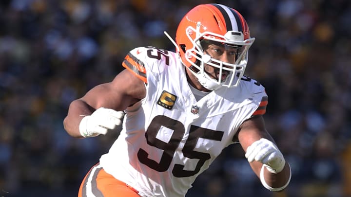 Dec 8, 2024; Pittsburgh, Pennsylvania, USA;  Cleveland Browns defensive end Myles Garrett (95) pass rushes against the Pittsburgh Steelers during the first quarter at Acrisure Stadium. Mandatory Credit: Charles LeClaire-Imagn Images