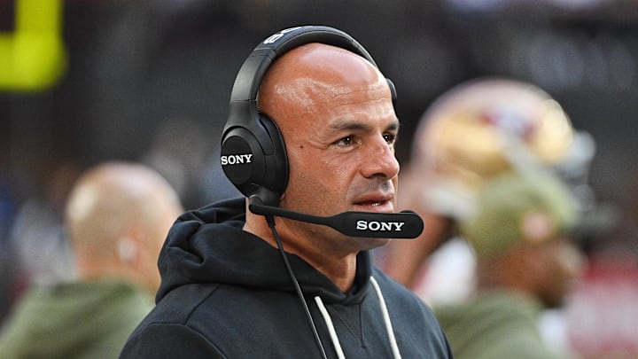 Nov 16, 2025; Glendale, Arizona, USA; San Francisco 49ers defensive coordinator Robert Saleh looks on in the third quarter against the Arizona Cardinals at State Farm Stadium. Mandatory Credit: Matt Kartozian-Imagn Images
