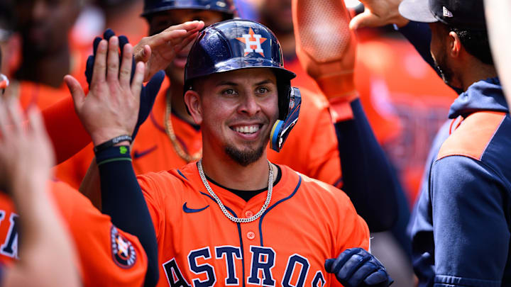Sep 28, 2025; Anaheim, California, USA; Houston Astros third baseman Ramon Urias (29) is greeted by teammates after hitting a home run during the fifth inning against the Los Angeles Angels at Angel Stadium. Mandatory Credit: William Liang-Imagn Images