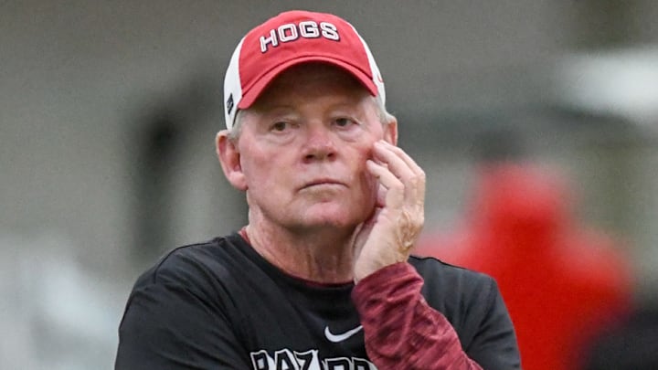 Arkansas Razorbacks offensive coordinator Bobby Petrino during a fall camp practice at the indoor center in Fayetteville, Ark.