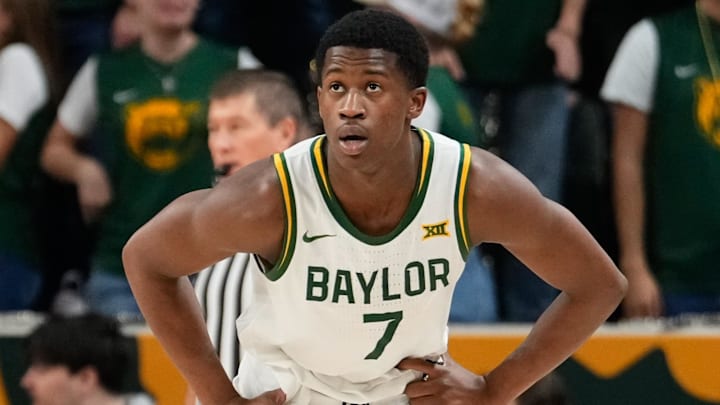 Mar 8, 2025; Waco, Texas, USA; Baylor Bears guard VJ Edgecombe (7) looks on against the Houston Cougars during the second half at Paul and Alejandra Foster Pavilion. Mandatory Credit: Chris Jones-Imagn Images