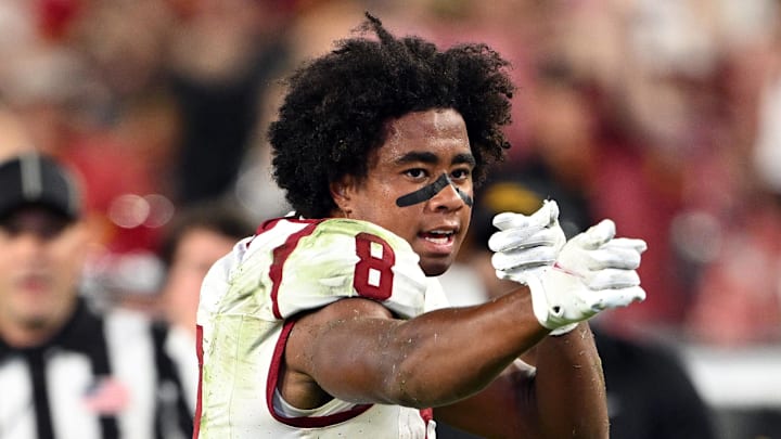 Sep 13, 2025; West Lafayette, Indiana, USA; USC Trojans wide receiver Ja'Kobi Lane (8) celebrates a first down during the second half against the Purdue Boilermakers at Ross-Ade Stadium. Mandatory Credit: Marc Lebryk-Imagn Images Sep 13, 2025; West Lafayette, Indiana, USA; USC Trojans wide receiver Ja'Kobi Lane (8) celebrates a first down during the second half against the Purdue Boilermakers at Ross-Ade Stadium. Mandatory Credit: Marc Lebryk-Imagn Images