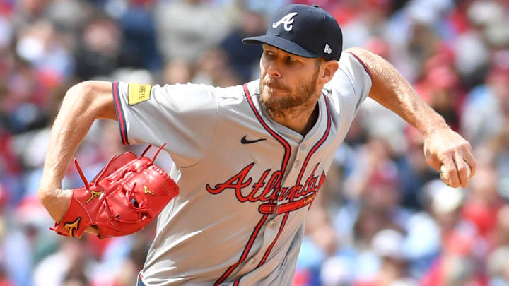 Mar 31, 2024; Philadelphia, Pennsylvania, USA; Atlanta Braves starting pitcher Chris Sale (51) throws a pitch during the first inning against the Philadelphia Phillies at Citizens Bank Park