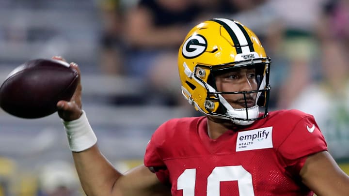 Green Bay Packers quarterback Jordan Love (10) passes the ball during Green Bay Packers Family Night.