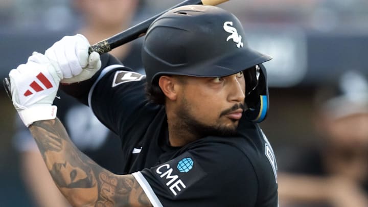 Mar 19, 2026; Peoria, Arizona, USA; Chicago White Sox outfielder Everson Pereira against the San Diego Padres during a spring training game at Peoria Sports Complex. Mandatory Credit: Mark J. Rebilas-Imagn Images