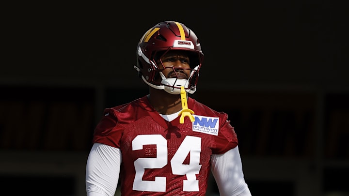 Jul 23, 2025; Ashburn, VA, USA; Washington Commanders outside linebacker Von Miller (24) walks out of team headquarters onto the fields prior to practice on day one of training camp at OrthoVirginia Training Center at Commanders Park. Mandatory Credit: Geoff Burke-Imagn Images
