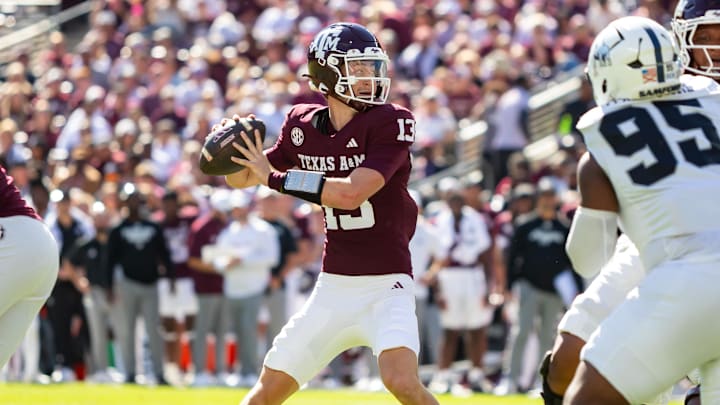 Texas A&M Aggies quarterback Brady Hart attempts a pass in the first half of a game against the Samford Bulldogs at Kyle Field.
