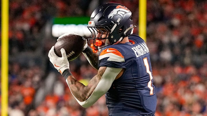 Denver Broncos tight end Evan Engram (1) makes a leaping catch in the second quarter of the NFL Week 4 Monday Night Football game between the Denver Broncos and the Cincinnati Bengals at Empower Field at Mile High in Denver on Monday, Sept. 29, 2025. Denver Broncos tight end Evan Engram (1) makes a leaping catch in the second quarter of the NFL Week 4 Monday Night Football game between the Denver Broncos and the Cincinnati Bengals at Empower Field at Mile High in Denver on Monday, Sept. 29, 2025.