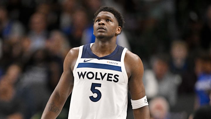 Mar 30, 2026; Dallas, Texas, USA; Minnesota Timberwolves guard Anthony Edwards (5) comes back on the court during the second quarter against the Dallas Mavericks at the American Airlines Center. Mandatory Credit: Jerome Miron-Imagn Images