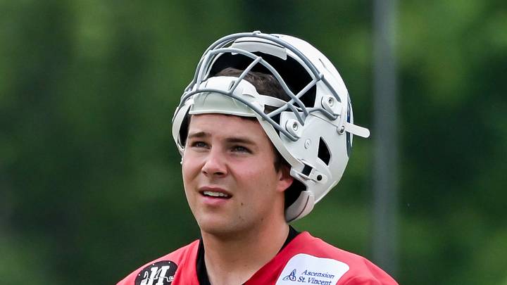 Indianapolis Colts quarterback Riley Leonard looks on
