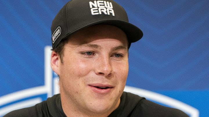Notre Dame quarterback Riley Leonard (QB08) talks to the press during the 2025 NFL Combine 