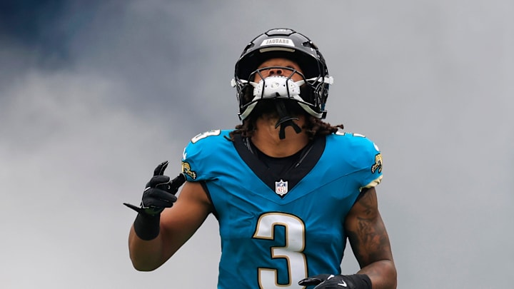 Jacksonville Jaguars wide receiver Jakobi Meyers (3) runs on the field before an NFL football matchup at EverBank Stadium, Sunday, Jan. 4, 2026, in Jacksonville, Fla. The Jaguars defeated the Titans 41-7, capturing the AFC South title. [Corey Perrine/Florida Times-Union]