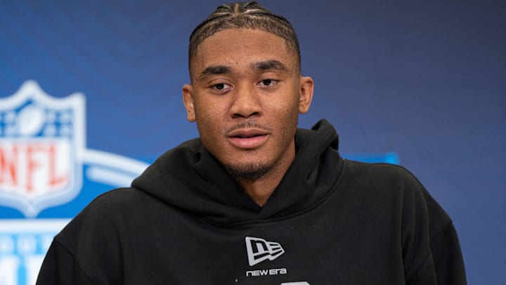 Arkansas quarterback Taylen Green (QB08) speaks to members of the media during the NFL Combine 