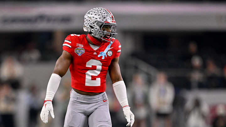 Dec 31, 2025; Arlington, TX, USA; Ohio State Buckeyes safety Caleb Downs (2) gets into position during the 2025 Cotton Bowl and quarterfinal game of the College Football Playoff at AT&T Stadium. Mandatory Credit: Jerome Miron-Imagn Images