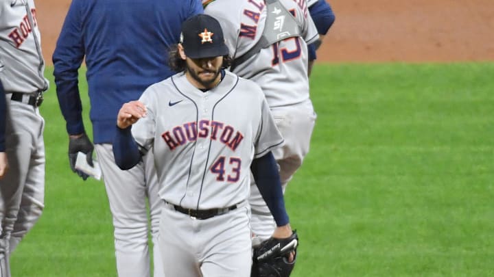 Nov 1, 2022; Philadelphia, PA, USA; Houston Astros starting pitcher Lance McCullers Jr. (43) is removed from the game against the Philadelphia Phillies during the fifth inning in game three of the 2022 World Series at Citizens Bank Park. Nov 1, 2022; Philadelphia, PA, USA; Houston Astros starting pitcher Lance McCullers Jr. (43) is removed from the game against the Philadelphia Phillies during the fifth inning in game three of the 2022 World Series at Citizens Bank Park.