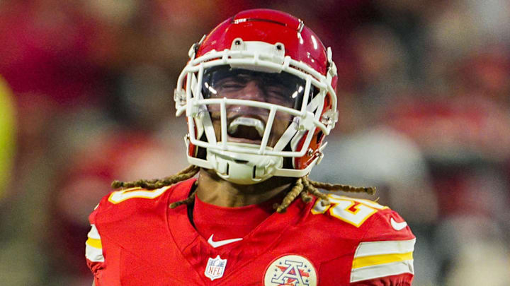 Nov 29, 2024; Kansas City, Missouri, USA; Kansas City Chiefs safety Justin Reid (20) and defensive end George Karlaftis (56) celebrate after a play during the second half against the Las Vegas Raiders at GEHA Field at Arrowhead Stadium. Mandatory Credit: Jay Biggerstaff-Imagn Images Nov 29, 2024; Kansas City, Missouri, USA; Kansas City Chiefs safety Justin Reid (20) and defensive end George Karlaftis (56) celebrate after a play during the second half against the Las Vegas Raiders at GEHA Field at Arrowhead Stadium. Mandatory Credit: Jay Biggerstaff-Imagn Images
