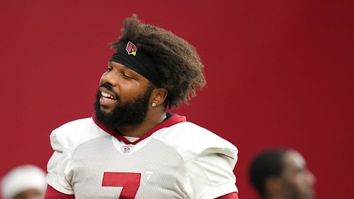 Arizona Cardinals Kyzir White chats with teammate Budda Baker during training camp.