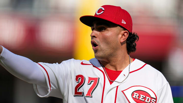Cincinnati Reds first baseman Sal Stewart (27) asks for an official