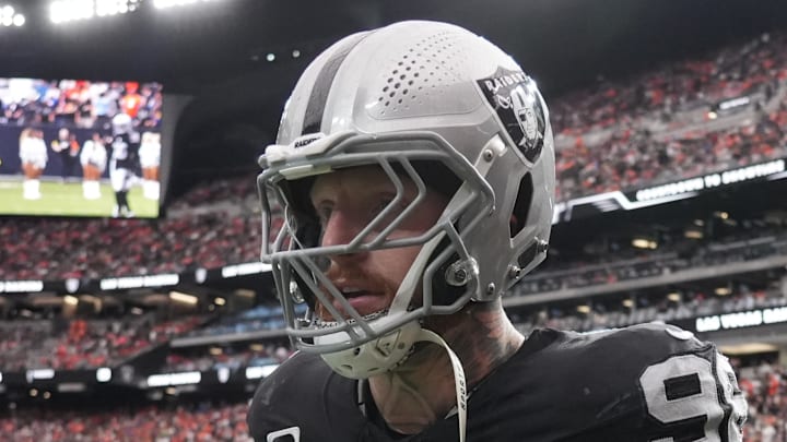 Dec 7, 2025; Paradise, Nevada, USA;  Las Vegas Raiders defensive end Maxx Crosby (98) on the field prior to a game against the Denver Broncos at Allegiant Stadium. Mandatory Credit: Kirby Lee-Imagn Images