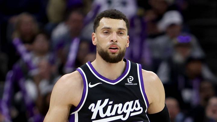 Jan 18, 2026; Sacramento, California, USA; Sacramento Kings guard Zach LaVine (8) reacts after scoring a basket against the Portland Trail Blazers during the third quarter at Golden 1 Center. Mandatory Credit: Dennis Lee-Imagn Images