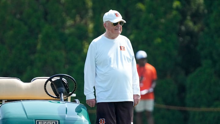 Cincinnati Bengals owner Mike Brown stands by at practice during the second day of preseason training camp in downtown Cincinnati on Thursday, July 24, 2025. Cincinnati Bengals owner Mike Brown stands by at practice during the second day of preseason training camp in downtown Cincinnati on Thursday, July 24, 2025.