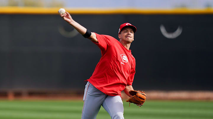 Cincinnati Reds non-roster invitee Chase Burns throws a pitch, Sunday, Feb. 16, 2025, at the Cincinnati Reds Player Development Complex in Goodyear, Ariz.