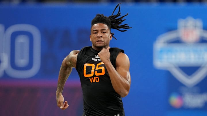 Mar 1, 2025; Indianapolis, IN, USA; Texas wideout Isaiah Bond (WO05) during the 2025 NFL Combine at Lucas Oil Stadium. Mandatory Credit: Kirby Lee-Imagn Images