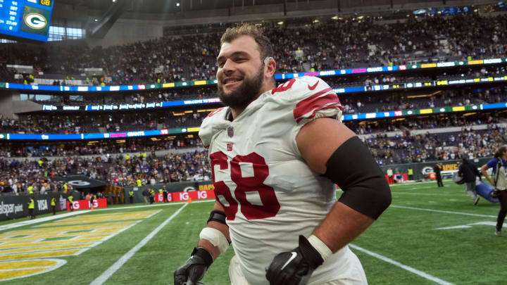 Oct 9, 2022; London, United Kingdom; New York Giants guard Ben Bredeson (68) leaves the field after an NFL International Series game against the Green Bay Packers at Tottenham Hotspur Stadium. Mandatory Credit: Kirby Lee-USA TODAY Sports