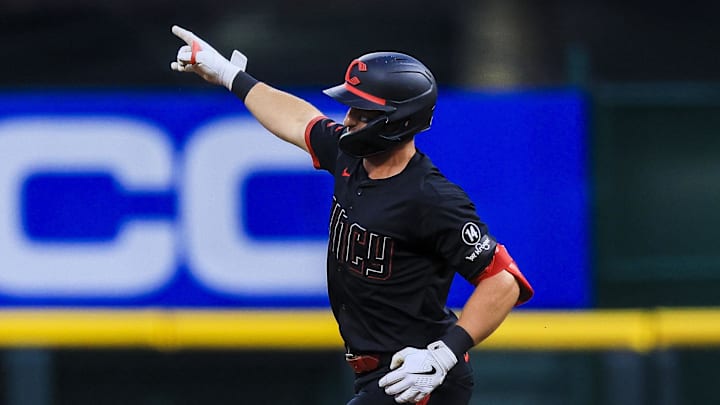 Jun 27, 2025; Cincinnati, Ohio, USA; Cincinnati Reds first baseman Spencer Steer (7) runs the bases after hitting a two-run home run in the fifth inning against the San Diego Padres at Great American Ball Park. Mandatory Credit: Katie Stratman-Imagn Images