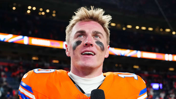 Jan 5, 2025; Denver, Colorado, USA; CBS Sports reporter Tracy Wolfson interviews Denver Broncos quarterback Bo Nix (10) following the win against the Kansas City Chiefs at Empower Field at Mile High. Mandatory Credit: Ron Chenoy-Imagn Images