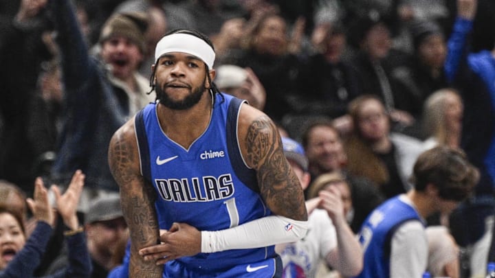 Jan 9, 2025; Dallas, Texas, USA; Dallas Mavericks guard Jaden Hardy (1) celebrates after he makes a three point basket against the Portland Trail Blazers during the second quarter at the American Airlines Center. Mandatory Credit: Jerome Miron-Imagn Images