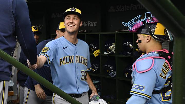 May 19, 2026; Chicago, Illinois, USA;  Milwaukee Brewers manager Pat Murphy (49) talks with pitcher Jacob Misiorowski (32) before the game against the Chicago Cubs at Wrigley Field. Mandatory Credit: Matt Marton-Imagn Images