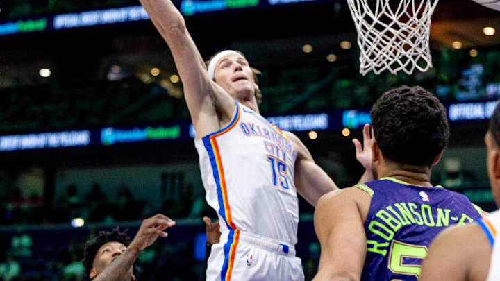 Apr 13, 2025; New Orleans, Louisiana, USA; Oklahoma City Thunder center Branden Carlson (15) grabs a rebound against the New Orleans Pelicans during the first half at Smoothie King Center. Mandatory Credit: Stephen Lew-Imagn Images Apr 13, 2025; New Orleans, Louisiana, USA; Oklahoma City Thunder center Branden Carlson (15) grabs a rebound against the New Orleans Pelicans during the first half at Smoothie King Center. Mandatory Credit: Stephen Lew-Imagn Images
