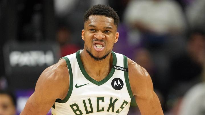 Milwaukee Bucks forward Giannis Antetokounmpo (34) reacts after scoring against the Sacramento Kings during the fourth quarter at Golden 1 Center on March 22, 2025.