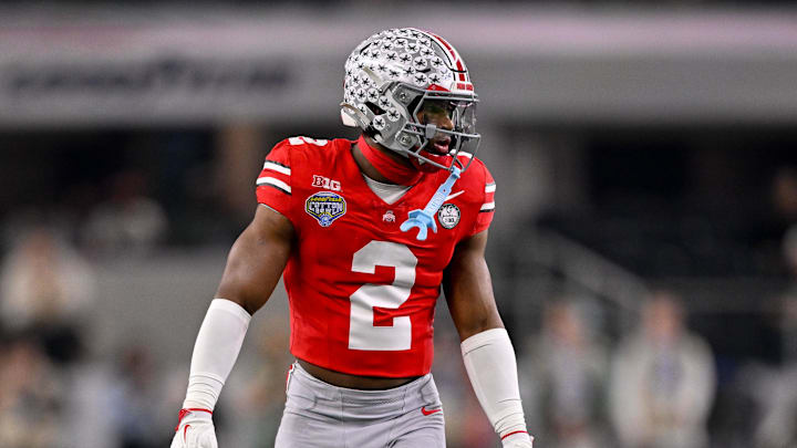 Dec 31, 2025; Arlington, TX, USA; Ohio State Buckeyes safety Caleb Downs (2) gets into position during the 2025 Cotton Bowl and quarterfinal game of the College Football Playoff at AT&T Stadium. Mandatory Credit: Jerome Miron-Imagn Images