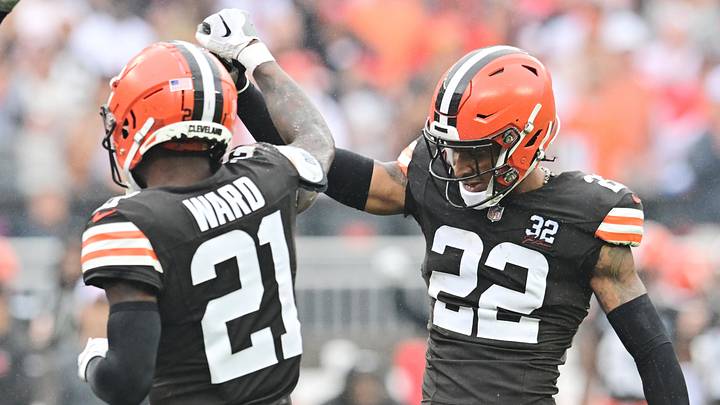 Sep 10, 2023; Cleveland, Ohio, USA; Cleveland Browns cornerback Denzel Ward (21) and safety Grant Delpit (22) celebrate after a third down stop during the first half against the Cleveland Browns at Cleveland Browns Stadium. Mandatory Credit: Ken Blaze-Imagn Images Sep 10, 2023; Cleveland, Ohio, USA; Cleveland Browns cornerback Denzel Ward (21) and safety Grant Delpit (22) celebrate after a third down stop during the first half against the Cleveland Browns at Cleveland Browns Stadium. Mandatory Credit: Ken Blaze-Imagn Images