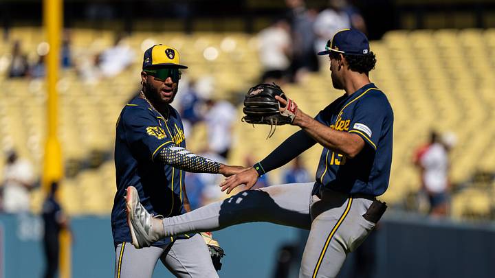 Aug 16, 2026; Los Angeles, California, USA; Milwaukee Brewers left fielder Jackson Chourio (11) and shortstop Jonathan Ornelas (13) celebrate a victory against the Los Angeles Dodgers at Dodger Stadium. Mandatory Credit: Jon Endow-Imagn Images Aug 16, 2026; Los Angeles, California, USA; Milwaukee Brewers left fielder Jackson Chourio (11) and shortstop Jonathan Ornelas (13) celebrate a victory against the Los Angeles Dodgers at Dodger Stadium. Mandatory Credit: Jon Endow-Imagn Images