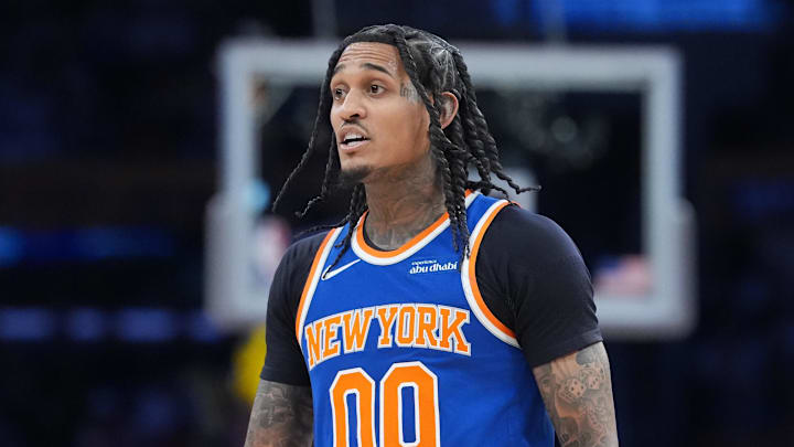 Mar 8, 2026; Los Angeles, California, USA; New York Knicks guard Jordan Clarkson (00) reacts against the Los Angeles Lakers in the second half at Crypto.com Arena. Mandatory Credit: Kirby Lee-Imagn Images