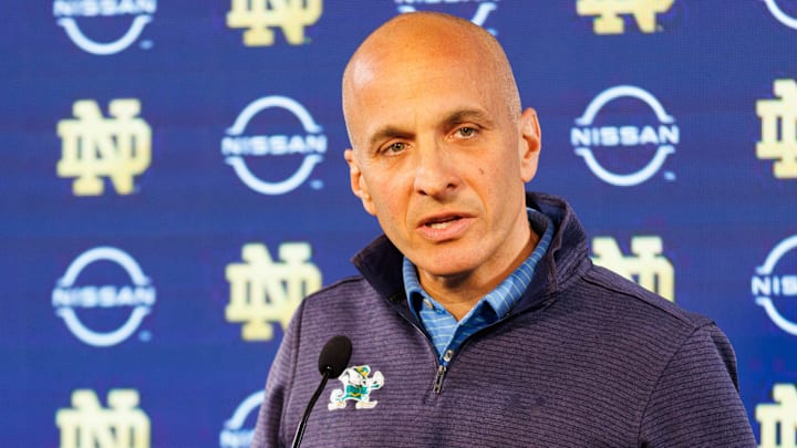 Pete Bevacqua, athletic director for the University of Notre Dame, announces Pat Garrity as the new men's and women's basketball general manager, during a press conference at Notre Dame Stadium on Thursday, May 22, 2025, in South Bend.