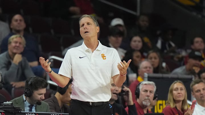 Nov 4, 2024; Los Angeles, California, USA; Southern California Trojans head coach Eric Musselman reacts against the Chattanooga Mocs in the second half at Galen Center. Mandatory Credit: Kirby Lee-Imagn Images