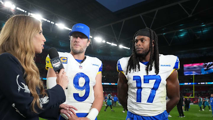 Oct 19, 2025; London, United Kingdom; NFL Network reporter Sara Walsh (left) interviews Los Angeles Rams quarterback Matthew Stafford (9) and wide receiver Davante Adams (17) after a NFL International Series game against the Jacksonville Jaguars at Wembley Stadium. Mandatory Credit: Kirby Lee-Imagn Images Oct 19, 2025; London, United Kingdom; NFL Network reporter Sara Walsh (left) interviews Los Angeles Rams quarterback Matthew Stafford (9) and wide receiver Davante Adams (17) after a NFL International Series game against the Jacksonville Jaguars at Wembley Stadium. Mandatory Credit: Kirby Lee-Imagn Images