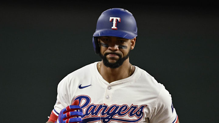 Texas Rangers center fielder Leody Taveras (3) rounds the bases
