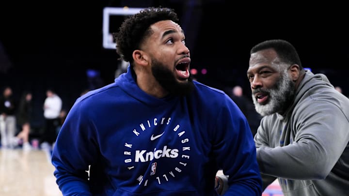 Oct 28, 2024; New York, New York, USA; New York Knicks center Karl-Anthony Towns (32) warms up with assistant coach Mark Bryant before a game against the Cleveland Cavaliers at Madison Square Garden. Mandatory Credit: John Jones-Imagn Images