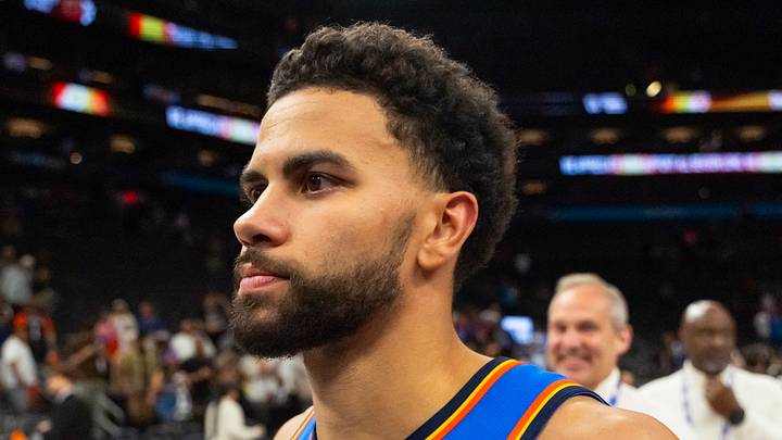 Apr 27, 2026; Phoenix, Arizona, USA; Oklahoma City Thunder guard Ajay Mitchell (25) against the Phoenix Suns during game four of the first round of the 2026 NBA Playoffs at Mortgage Matchup Center. Mandatory Credit: Mark J. Rebilas-Imagn Images Apr 27, 2026; Phoenix, Arizona, USA; Oklahoma City Thunder guard Ajay Mitchell (25) against the Phoenix Suns during game four of the first round of the 2026 NBA Playoffs at Mortgage Matchup Center. Mandatory Credit: Mark J. Rebilas-Imagn Images