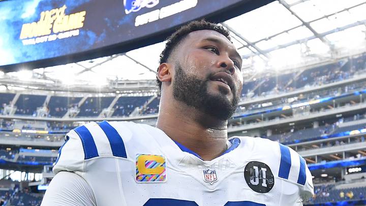 Oct 19, 2025; Inglewood, California, USA; Indianapolis Colts defensive tackle DeForest Buckner (99) looks on after the game against the Los Angeles Chargers at SoFi Stadium. Mandatory Credit: Gary A. Vasquez-Imagn Images