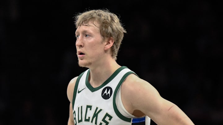 Milwaukee Bucks guard AJ Green (20) looks on during the first half against the Brooklyn Nets at Barclays Center on April 7, 2026. Milwaukee Bucks guard AJ Green (20) looks on during the first half against the Brooklyn Nets at Barclays Center on April 7, 2026.