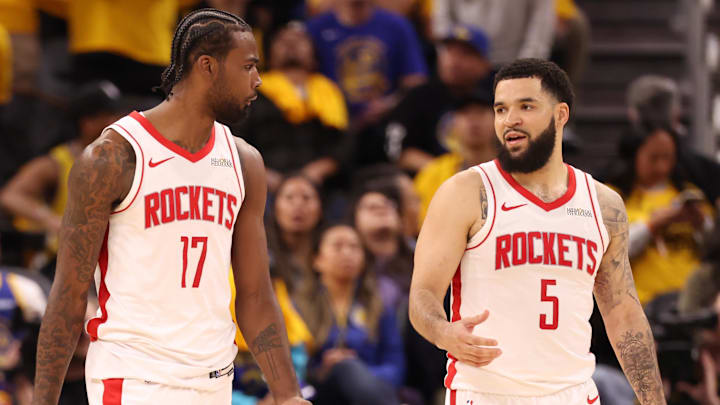 Houston Rockets forward Tari Eason (17) and guard Fred VanVleet (5) between plays against the Golden State Warriors during the second quarter of game four of the 2025 NBA Playoffs first round at Chase Center.