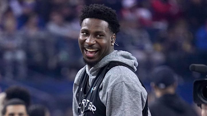 Feb 15, 2025; Oakland, CA, USA; Kenny’s Young Stars forward Jaren Jackson Jr. (13) of the Memphis Grizzlies stands on the court during the NBA All Star-Practice at Oracle Arena. Mandatory Credit: Cary Edmondson-Imagn Images